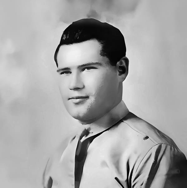 Portrait of Deputy Herbert Sibert in his uniform, black and white