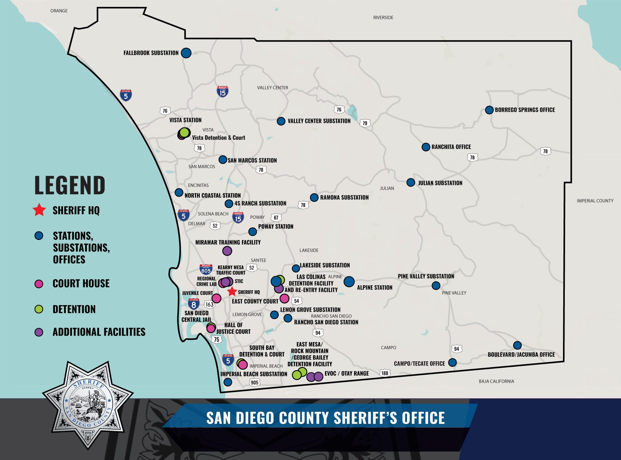 A map of San Diego County showing the locations of the Sheriff's Office stations and substations.