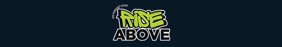 A Green banner with Rise Above logo in graffiti style Lime green and black.