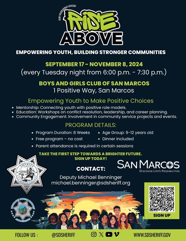 English San Marcos flyer with rise above logo and san diego county sheriff logo with teen illustrations and green color.