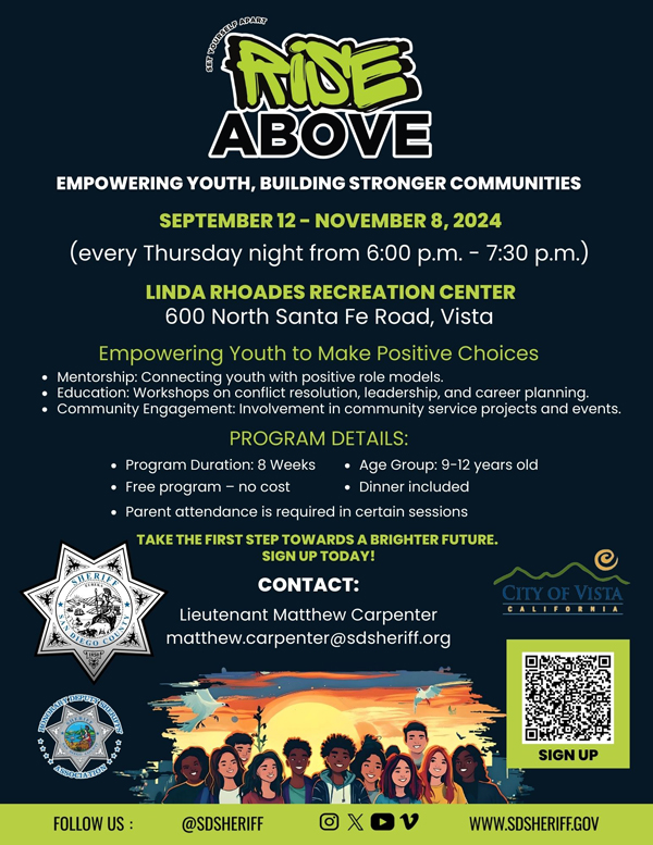 English San Marcos flyer with rise above logo and san diego county sheriff logo with teen illustrations and green color.