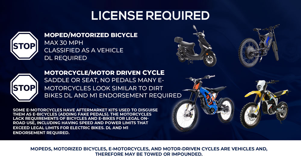 License Required with moped max 30 mph with drivers license and motorcycle.