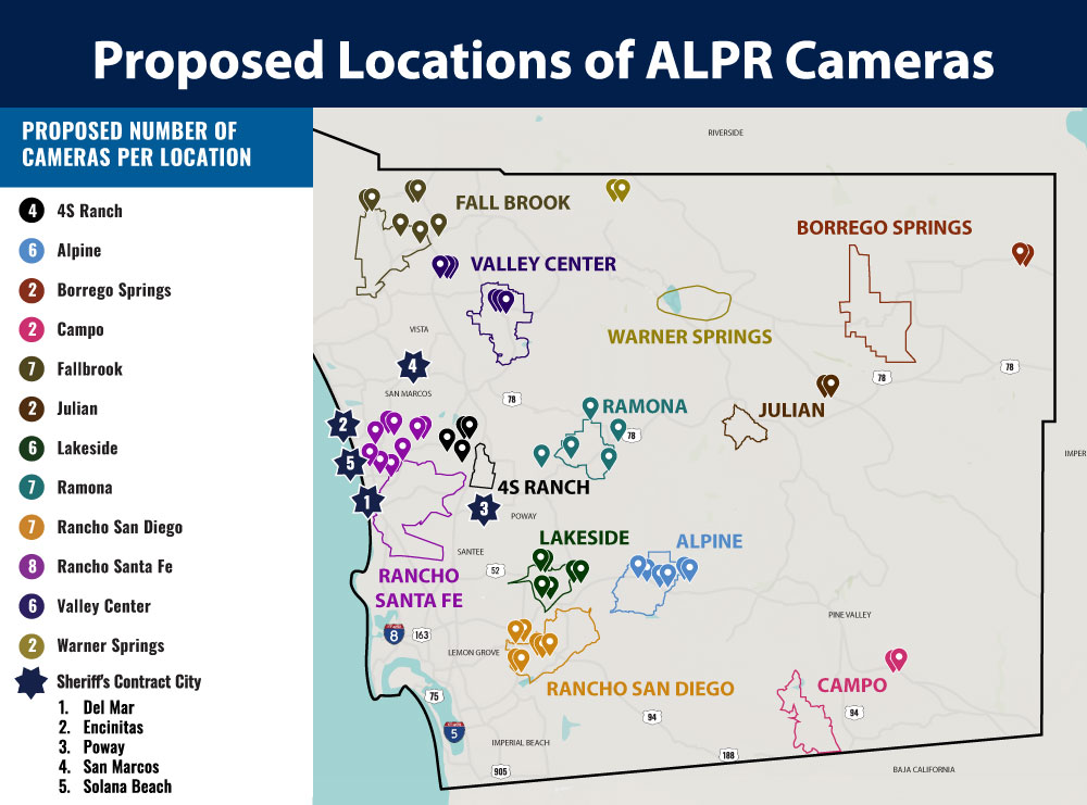 ALPR map of San Diego County with Camera locations in different colors.